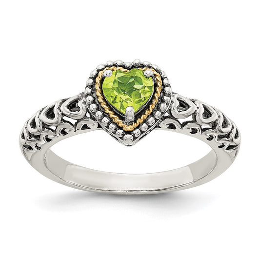 14K/Silver Two Tone Shey Couture Sterling Silver With 14K Accent Antiqued Heart Peridot Ring