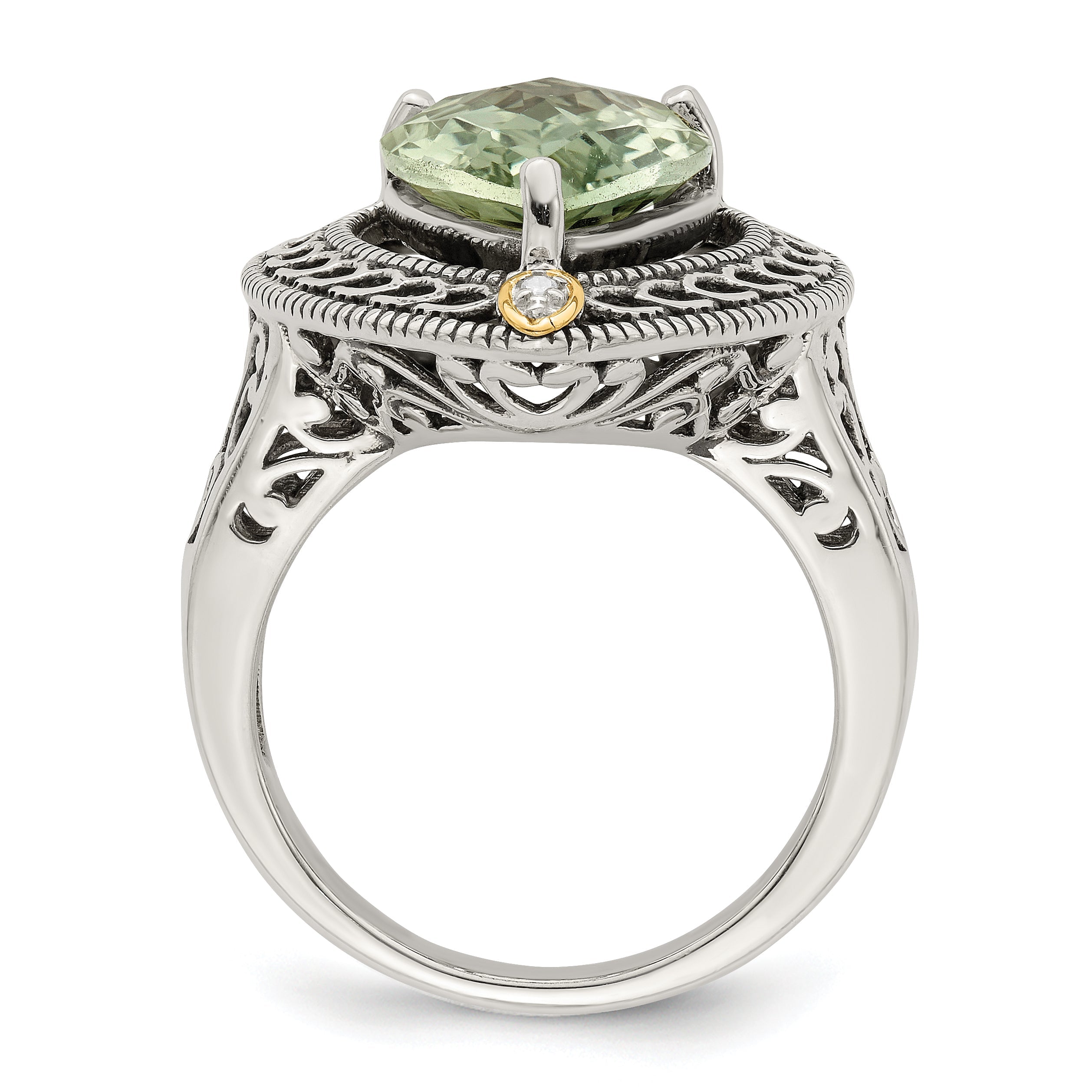 14K/Silver Two Tone Shey Couture Sterling Silver With 14K Accent Antiqued Diamond And Pear Shaped Green Quartz Ring