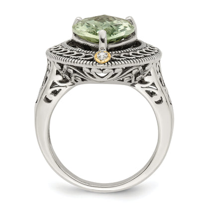 14K/Silver Two Tone Shey Couture Sterling Silver With 14K Accent Antiqued Diamond And Pear Shaped Green Quartz Ring