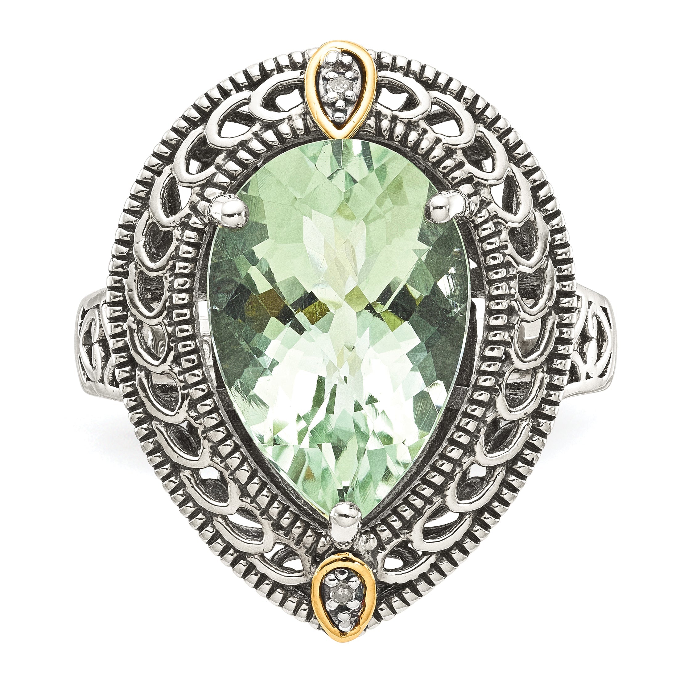 14K/Silver Two Tone Shey Couture Sterling Silver With 14K Accent Antiqued Diamond And Pear Shaped Green Quartz Ring