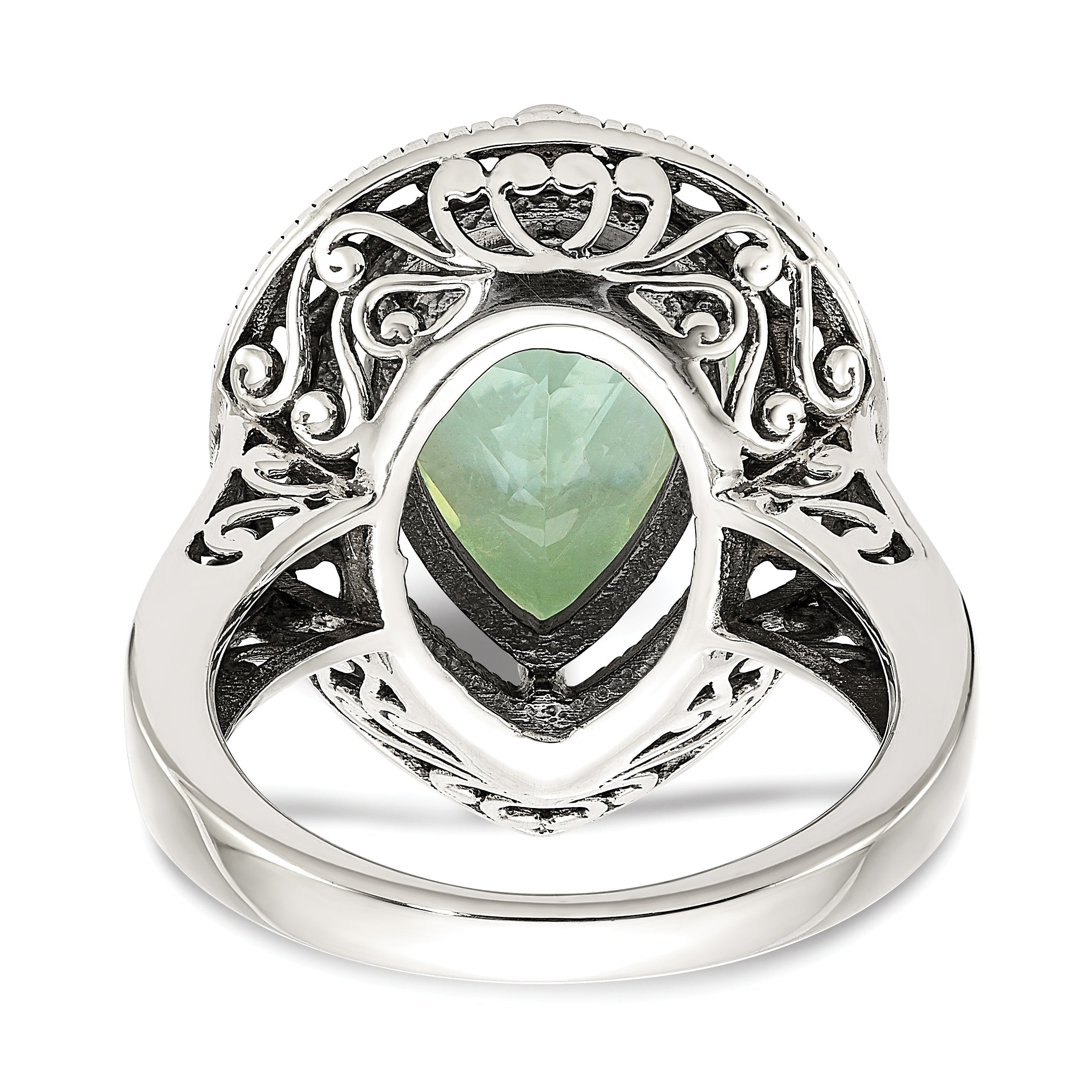 14K/Silver Two Tone Shey Couture Sterling Silver With 14K Accent Antiqued Diamond And Pear Shaped Green Quartz Ring