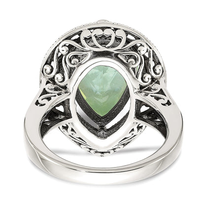 14K/Silver Two Tone Shey Couture Sterling Silver With 14K Accent Antiqued Diamond And Pear Shaped Green Quartz Ring