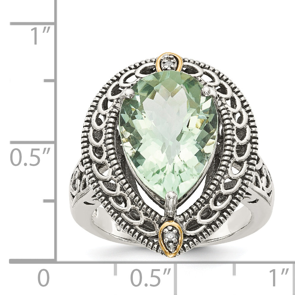 14K/Silver Two Tone Shey Couture Sterling Silver With 14K Accent Antiqued Diamond And Pear Shaped Green Quartz Ring