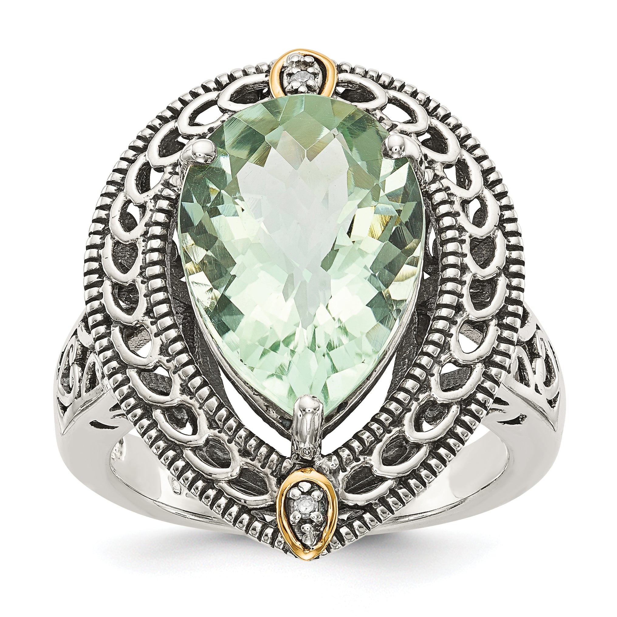 14K/Silver Two Tone Shey Couture Sterling Silver With 14K Accent Antiqued Diamond And Pear Shaped Green Quartz Ring