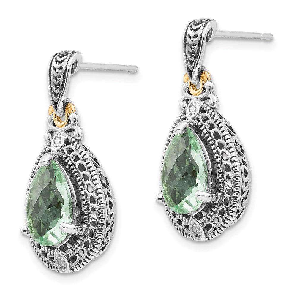14K/Silver Two Tone Shey Couture Sterling Silver With 14K Accent Antiqued Diamond And Pear Shaped Green Quartz Post Dangle Earrings