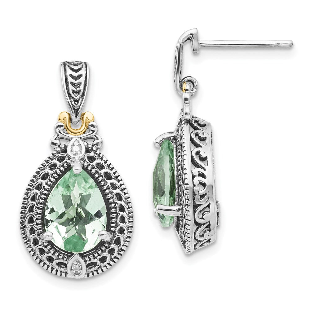 14K/Silver Two Tone Shey Couture Sterling Silver With 14K Accent Antiqued Diamond And Pear Shaped Green Quartz Post Dangle Earrings