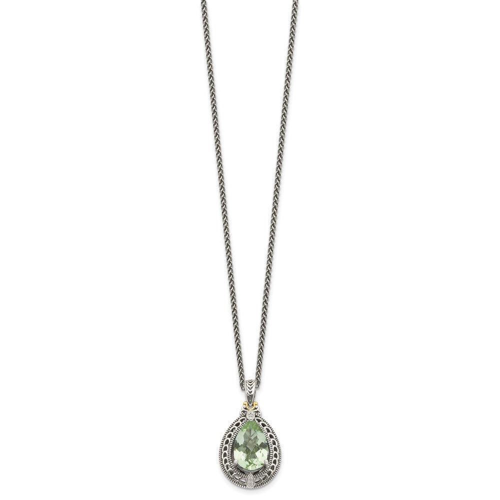 14K/Silver Two Tone Shey Couture Sterling Silver With 14K Accent 18 Inch Antiqued Diamond And Pear Shaped Green Quartz Necklace