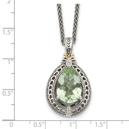 14K/Silver Two Tone Shey Couture Sterling Silver With 14K Accent 18 Inch Antiqued Diamond And Pear Shaped Green Quartz Necklace