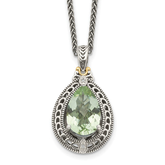 14K/Silver Two Tone Shey Couture Sterling Silver With 14K Accent 18 Inch Antiqued Diamond And Pear Shaped Green Quartz Necklace