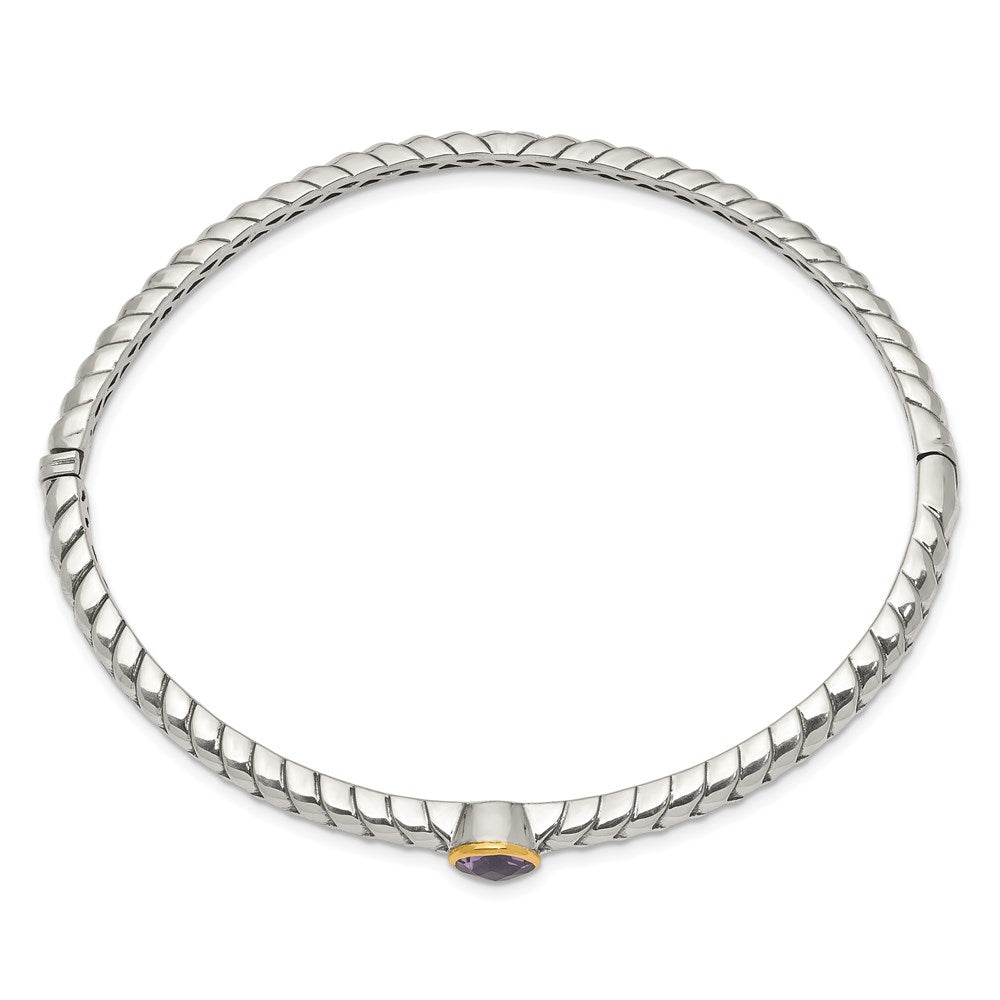 14K/Silver Two Tone Shey Couture Sterling Silver Antiqued With 14K Accent Round Bezel Amethyst Hinged Bangle Bracelet