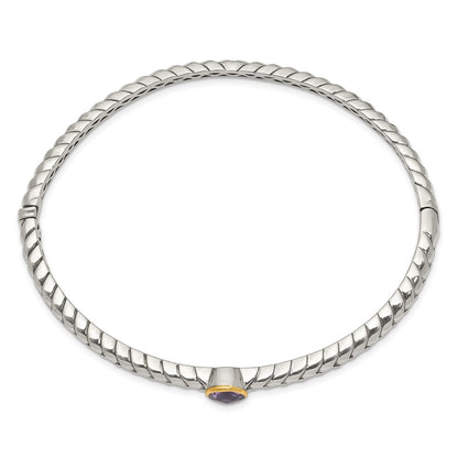 14K/Silver Two Tone Shey Couture Sterling Silver Antiqued With 14K Accent Round Bezel Amethyst Hinged Bangle Bracelet