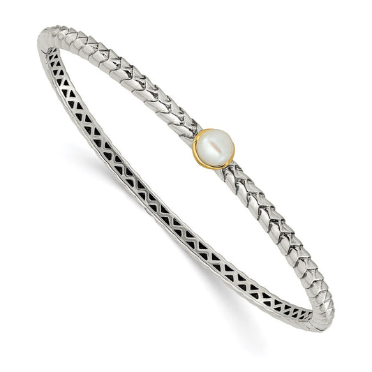 14K/Silver Two Tone Shey Couture Sterling Silver With 14K Accent 6mm Fw Cultured Pearl Hinged Bangle Bracelet
