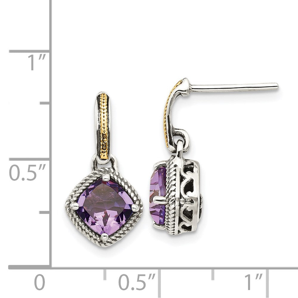14K/Silver Two Tone Shey Couture Sterling Silver With 14K Accent Antiqued Cushion Amethyst Post Dangle Earrings