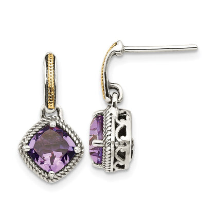 14K/Silver Two Tone Shey Couture Sterling Silver With 14K Accent Antiqued Cushion Amethyst Post Dangle Earrings