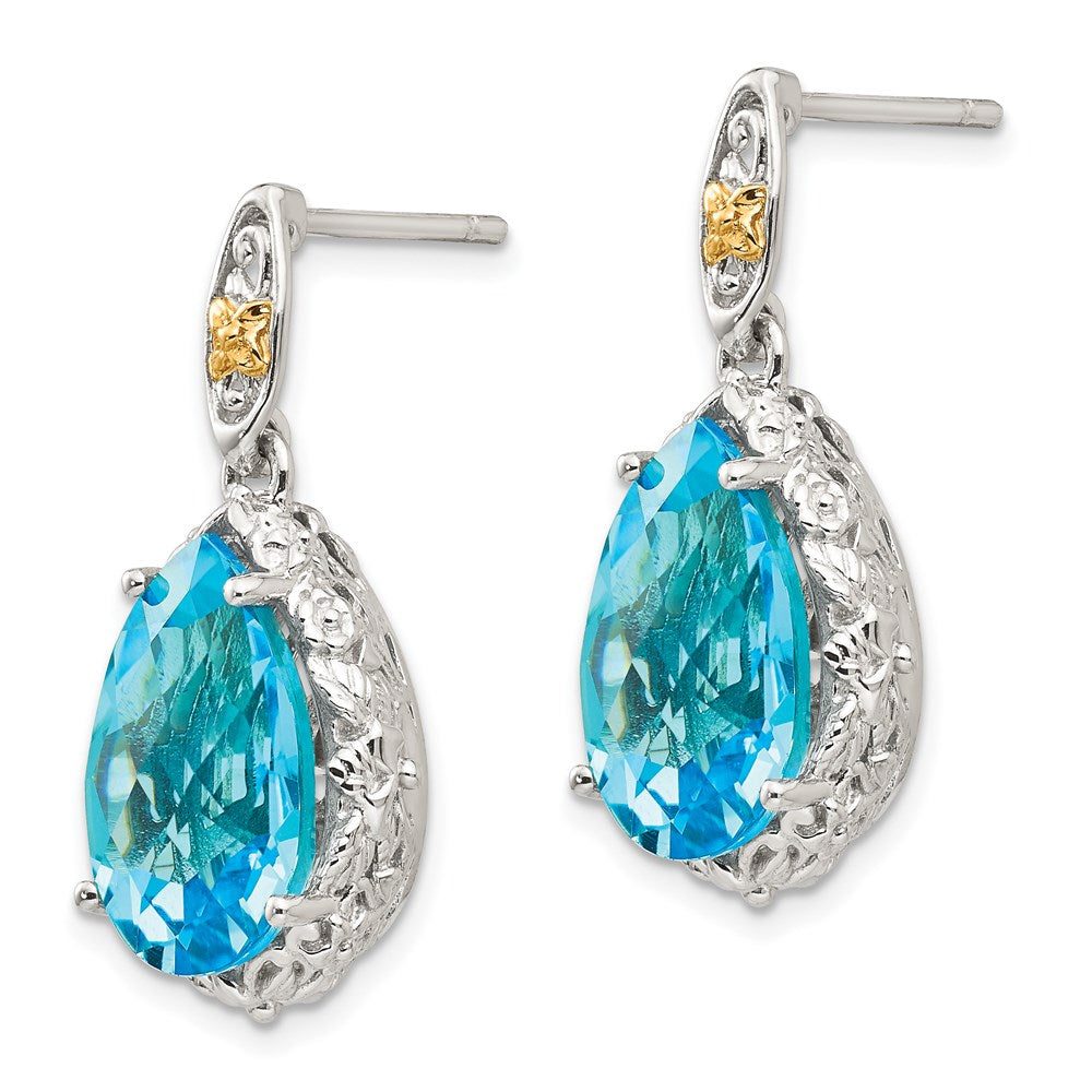 14K/Silver Two Tone Shey Couture Sterling Silver Rhodium Plated With 14K Accent Pear Shaped Blue Topaz Post Dangle Earrings