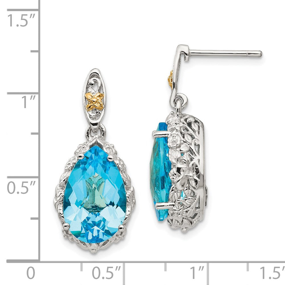 14K/Silver Two Tone Shey Couture Sterling Silver Rhodium Plated With 14K Accent Pear Shaped Blue Topaz Post Dangle Earrings