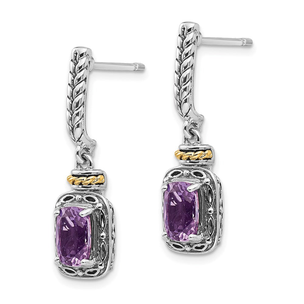 14K/Silver Two Tone Shey Couture Sterling Silver With 14K Accent Antiqued Cushion Amethyst Post Dangle Earrings