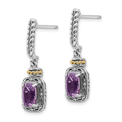 14K/Silver Two Tone Shey Couture Sterling Silver With 14K Accent Antiqued Cushion Amethyst Post Dangle Earrings