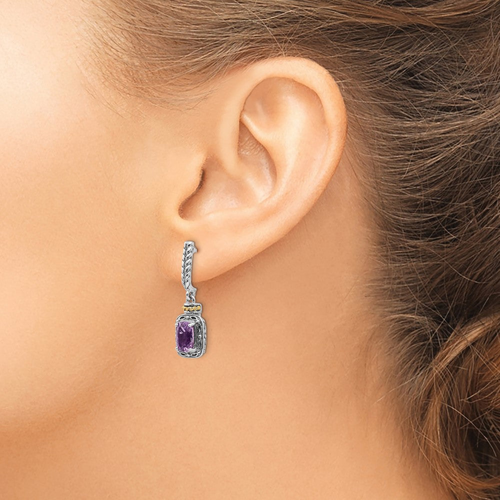 14K/Silver Two Tone Shey Couture Sterling Silver With 14K Accent Antiqued Cushion Amethyst Post Dangle Earrings