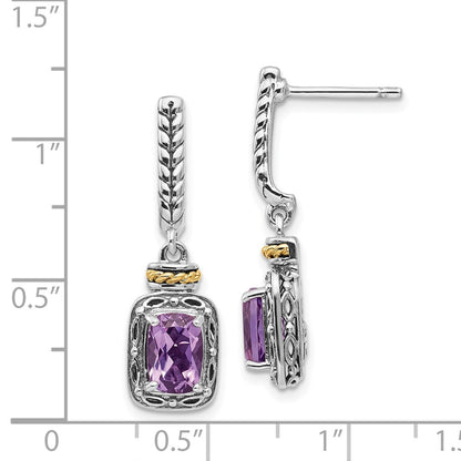 14K/Silver Two Tone Shey Couture Sterling Silver With 14K Accent Antiqued Cushion Amethyst Post Dangle Earrings
