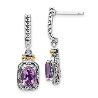 14K/Silver Two Tone Shey Couture Sterling Silver With 14K Accent Antiqued Cushion Amethyst Post Dangle Earrings