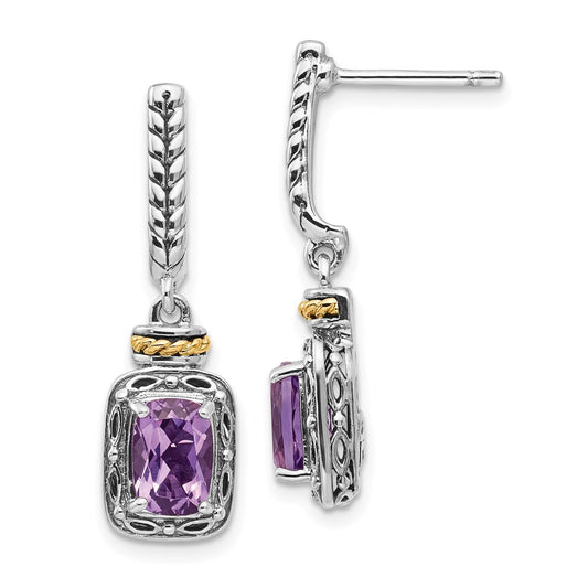 14K/Silver Two Tone Shey Couture Sterling Silver With 14K Accent Antiqued Cushion Amethyst Post Dangle Earrings