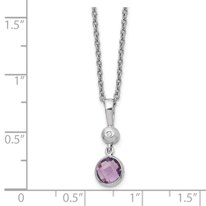Sterling Silver Rhodium Plated White Ice .01ct. Dia./amethyst w/2IN Ext Necklac