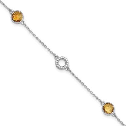 Sterling Silver Rhodium Plated White Ice Diamond & Citrine 1IN Ext. Bracelet