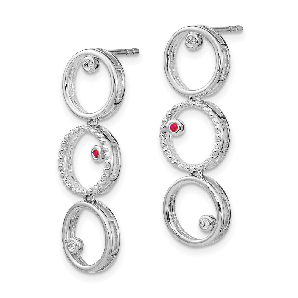 Sterling Silver White Ice Rhodium-Plated Diamond And Ruby Post Drop Earrings