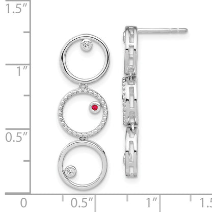 Sterling Silver White Ice Rhodium-Plated Diamond And Ruby Post Drop Earrings