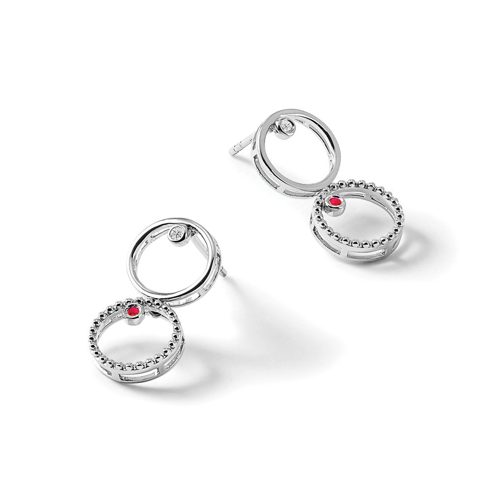 Sterling Silver White Ice Rhodium-Plated Diamond And Ruby Post Drop Earrings