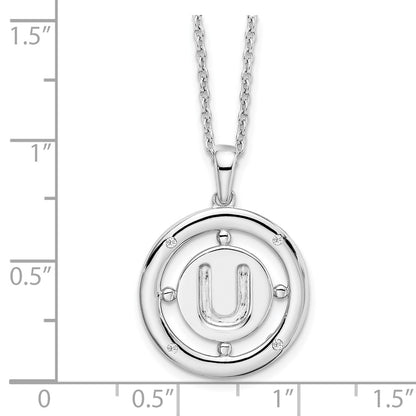 Sterling Silver White Ice Rhodium-Plated 18 Inch Diamond Letter U Initial Necklace With 2 Extender