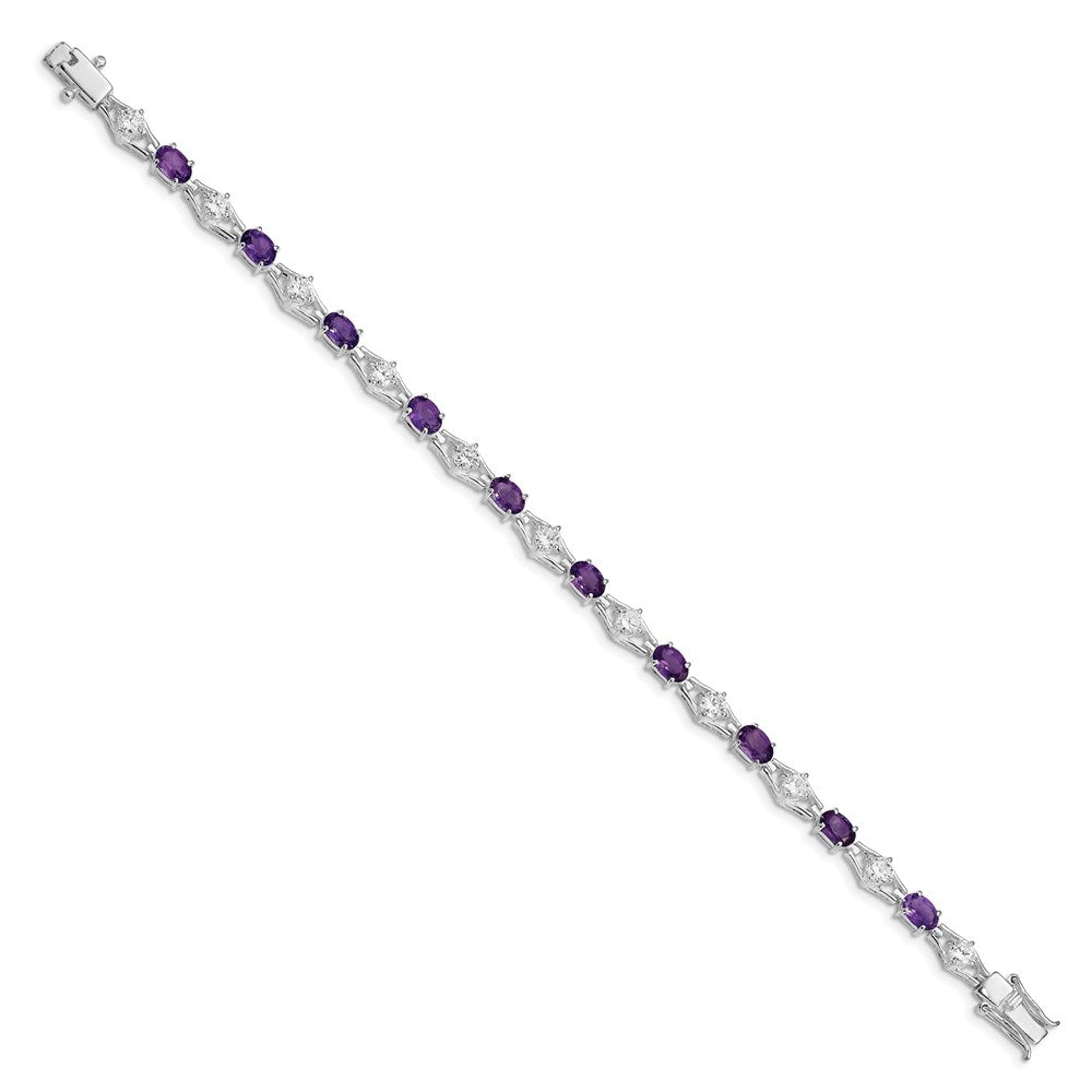 7 Inch Sterling Silver Rhodium-Plated Amethyst & Cz Bracelet