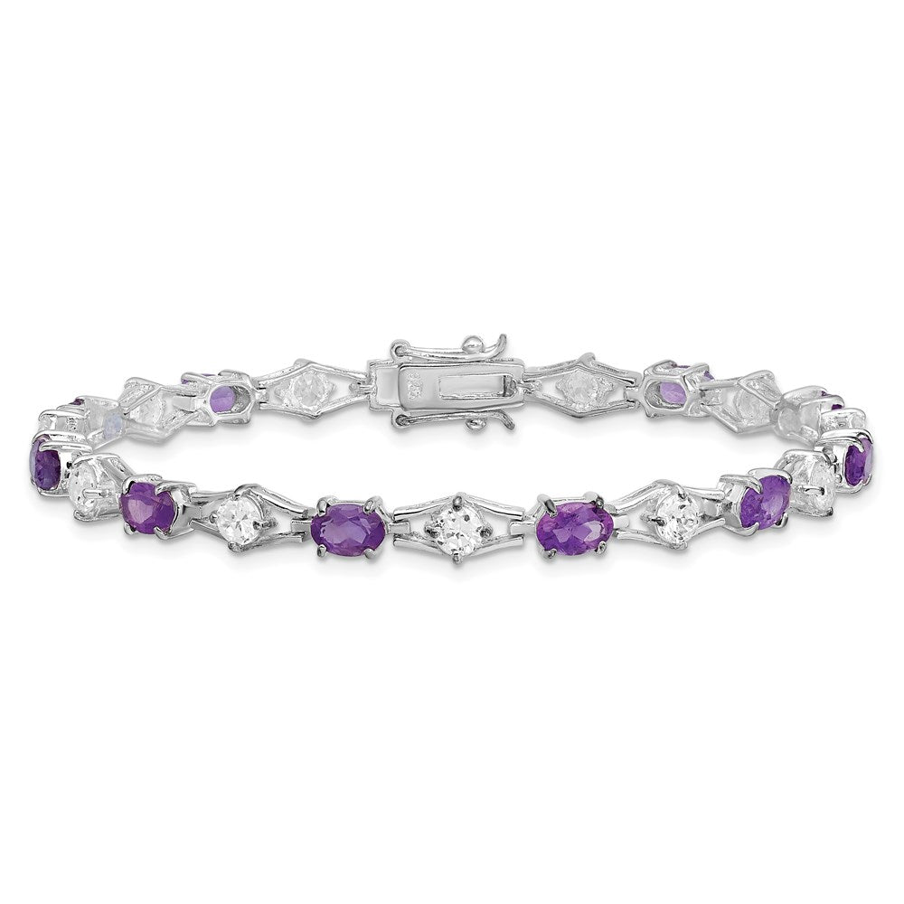 7 Inch Sterling Silver Rhodium-Plated Amethyst & Cz Bracelet