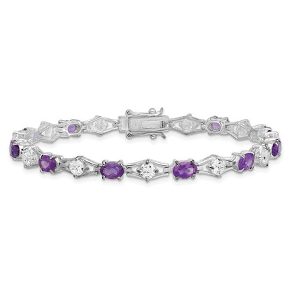 7 Inch Sterling Silver Rhodium-Plated Amethyst & Cz Bracelet