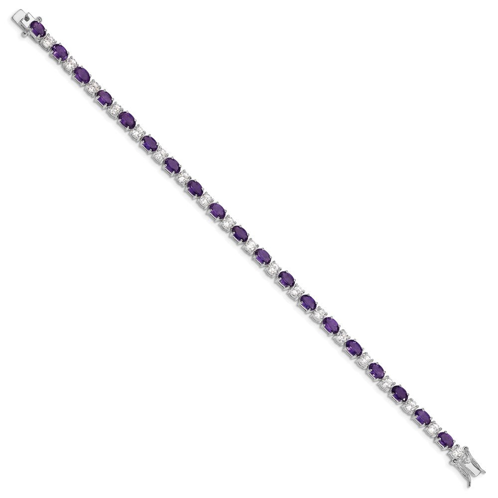 7 Inch Sterling Silver Rhodium-Plated Amethyst & Cz Bracelet