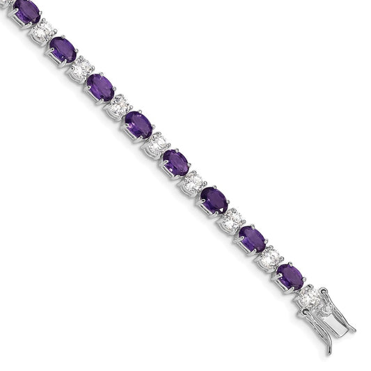 7 Inch Sterling Silver Rhodium-Plated Amethyst & Cz Bracelet