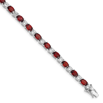 7 Inch Sterling Silver Rhodium-Plated Garnet And Cz Bracelet