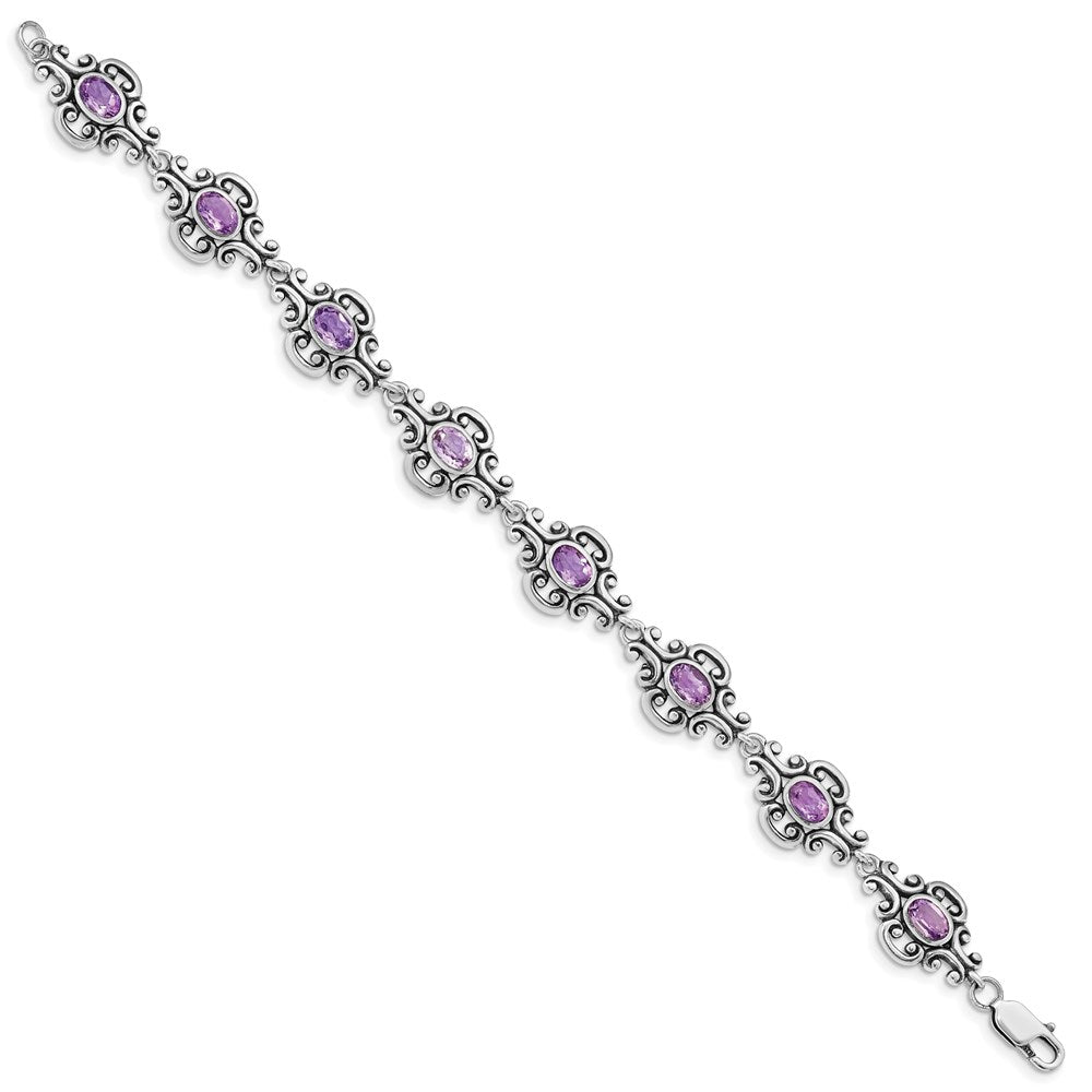 7.5 Inch Sterling Silver Rhodium-Plated Amethyst Bracelet