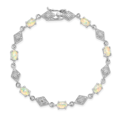 7 Inch Sterling Silver Rhodium-Plated White Created Opal And Cz Bracelet