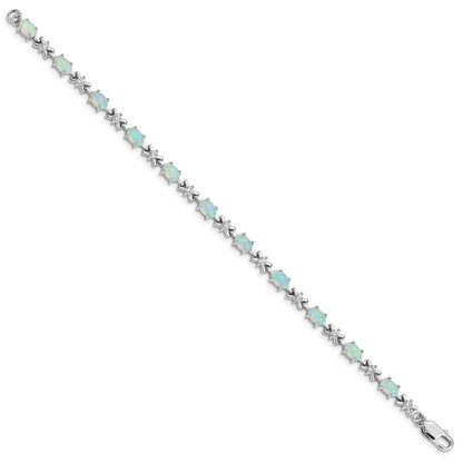 7 Inch Sterling Silver Rhodium Plated 7Inch Cz/Created Opal Xo Bracelet