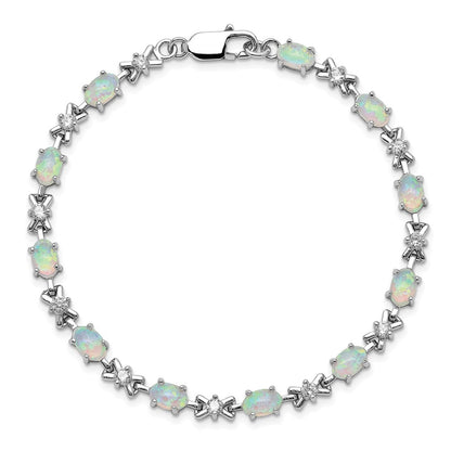 7 Inch Sterling Silver Rhodium Plated 7Inch Cz/Created Opal Xo Bracelet