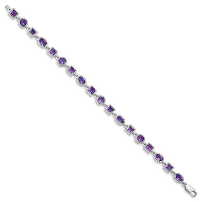 7 Inch Sterling Silver Rhodium-Plated Amethyst Bracelet