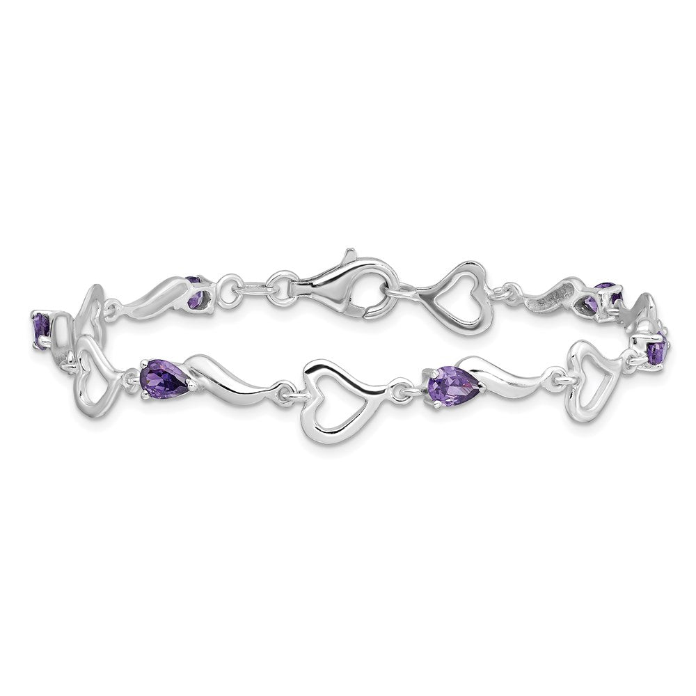 7 Inch Sterling Silver Rhodium-Plated Amethyst Polished Fancy Heart Bracelet