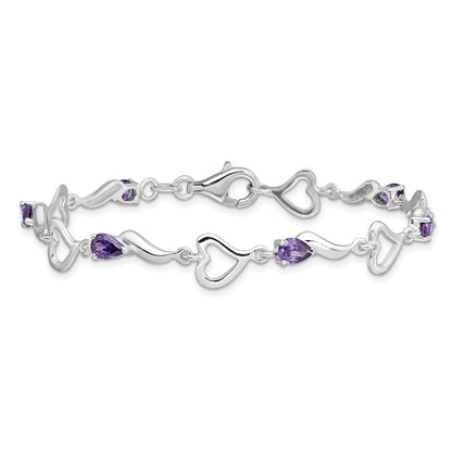 7 Inch Sterling Silver Rhodium-Plated Amethyst Polished Fancy Heart Bracelet