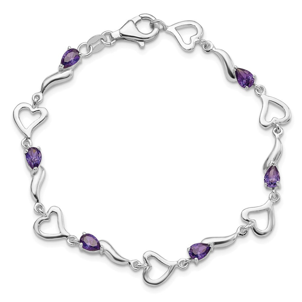 7 Inch Sterling Silver Rhodium-Plated Amethyst Polished Fancy Heart Bracelet
