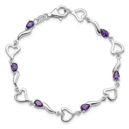 7 Inch Sterling Silver Rhodium-Plated Amethyst Polished Fancy Heart Bracelet
