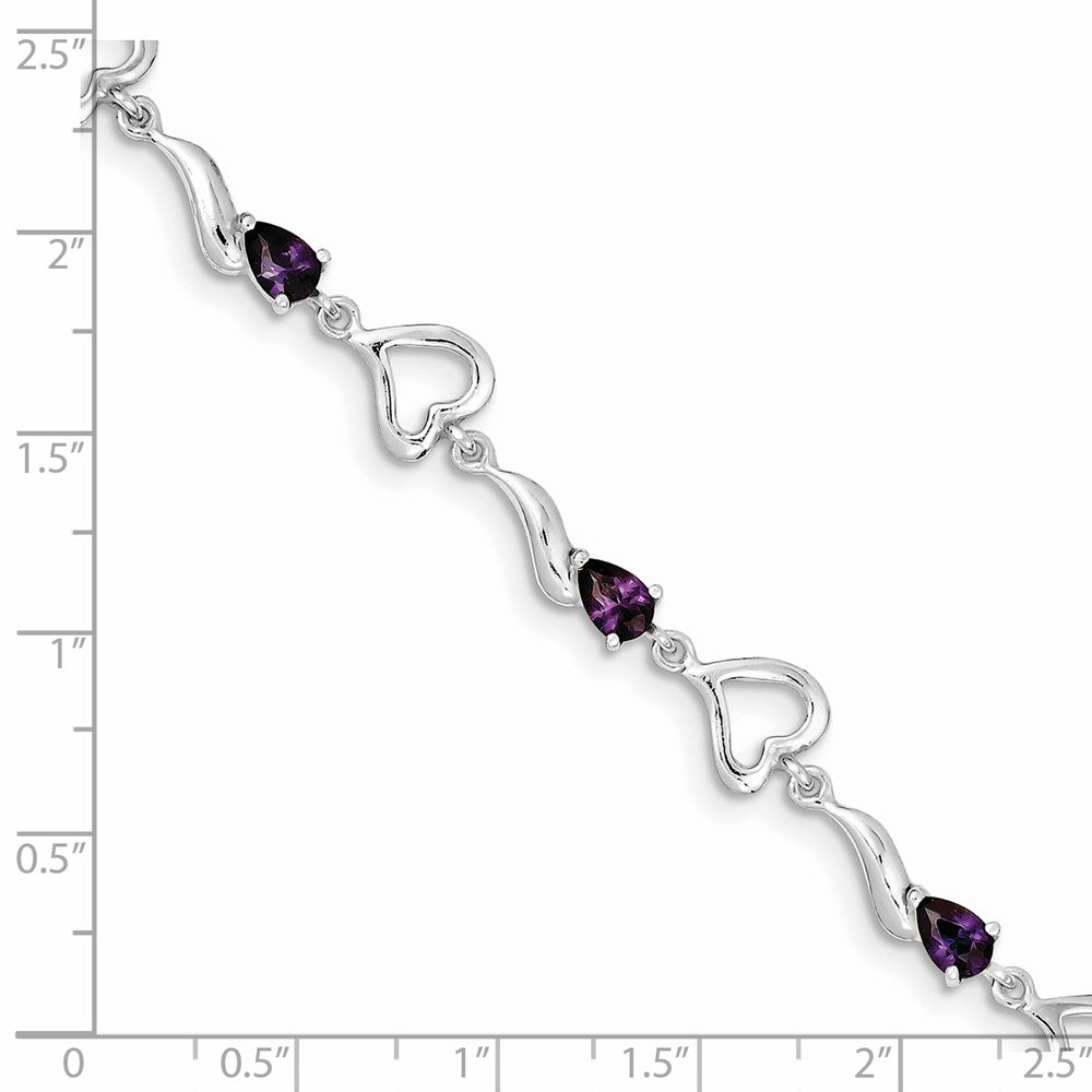 7 Inch Sterling Silver Rhodium-Plated Amethyst Polished Fancy Heart Bracelet