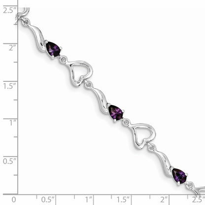 7 Inch Sterling Silver Rhodium-Plated Amethyst Polished Fancy Heart Bracelet