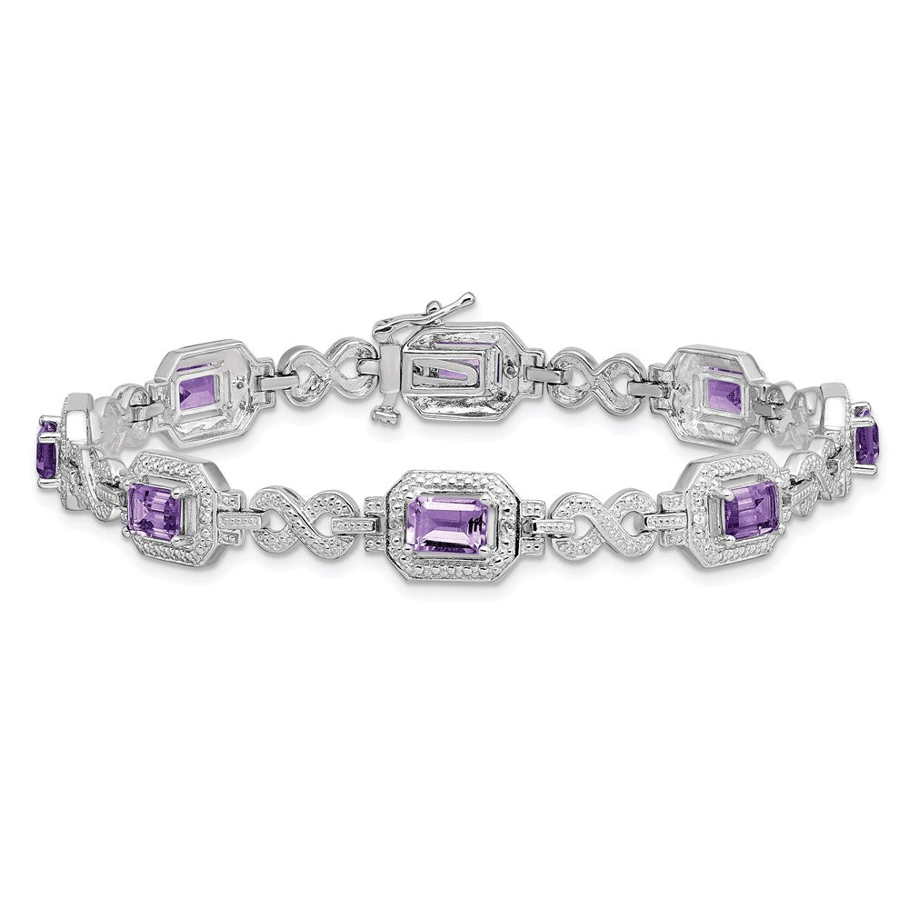 7 Inch Sterling Silver Rhodium-Plated Diamond & Amethyst Bracelet